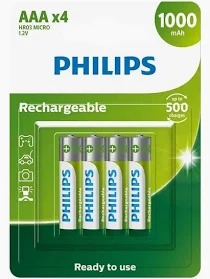 PILHA AAA RECARREGAVEL PHILIPS ALCALINA 1000 MA (CARTELA C/4)
