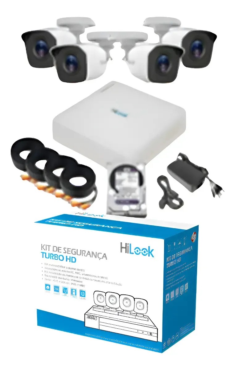 KIT ANALOGICO 1 DVR 4 CANAIS COM HD DE 500GB E 4 CAMERA BULLET 2MP HILOOK TK-4142BH-MP